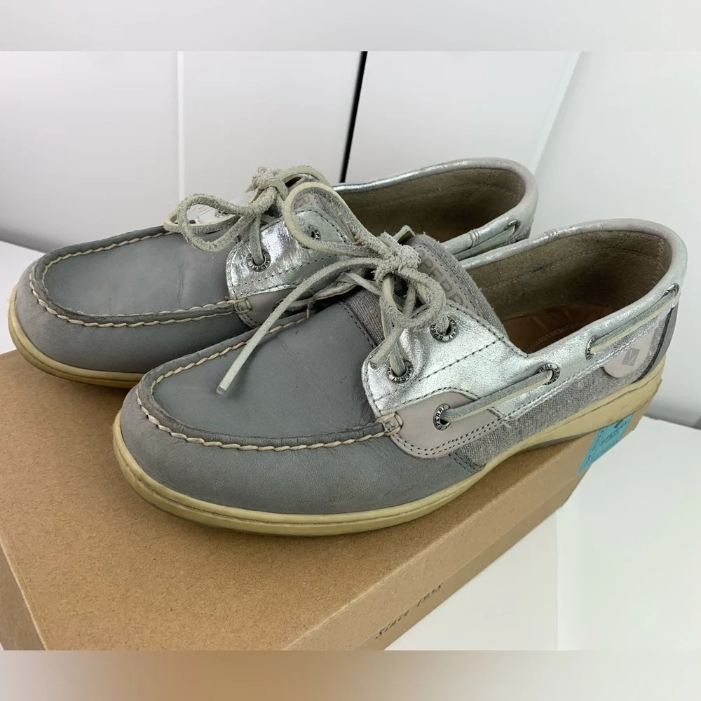 Sperry Bluefish Boat Shoes 8.5 Metallic Gray Silver Leather Slip Ons preppy Y2K - Picture 1 of 6